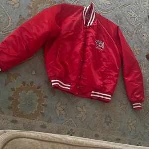 1989 Super Bowl XXXII Red Satin Bomber Jacket with Striped Trim L $130